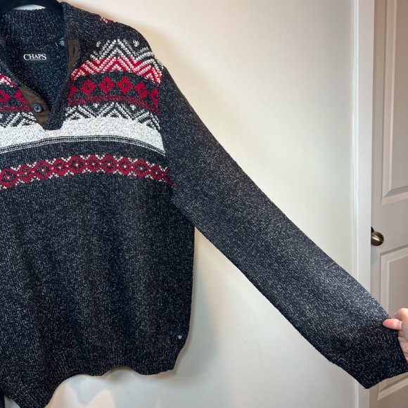 Chaps Fair Isle Henley Sweater Marled Gray  Pullover 1/4 Button Mock Neck  Large - Picture 5 of 13